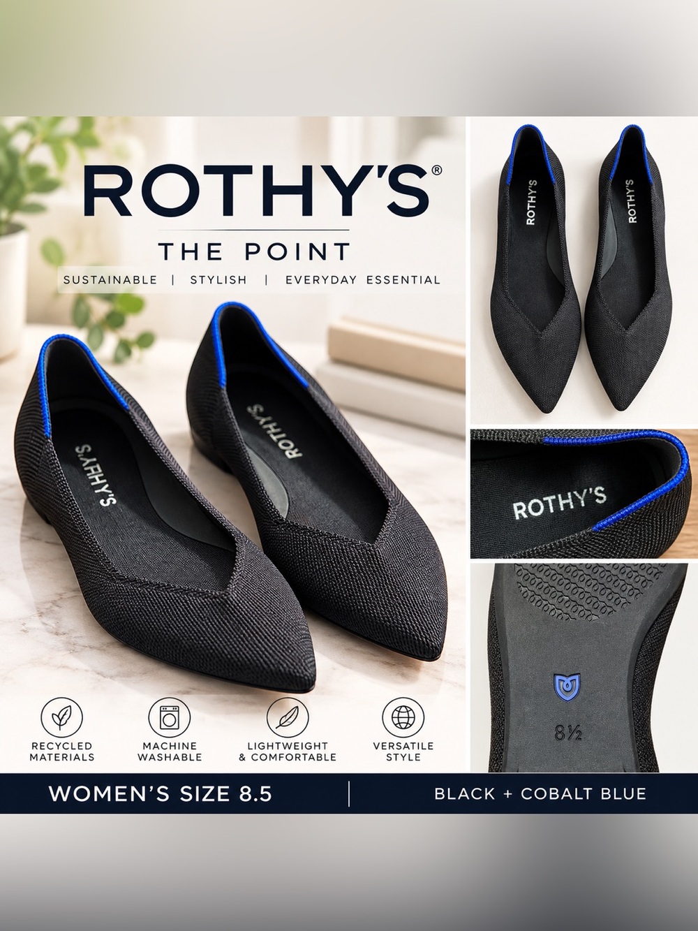 Rothy’s The Point Black Blue Halo Pointed Toe Flats Women’s 8.5